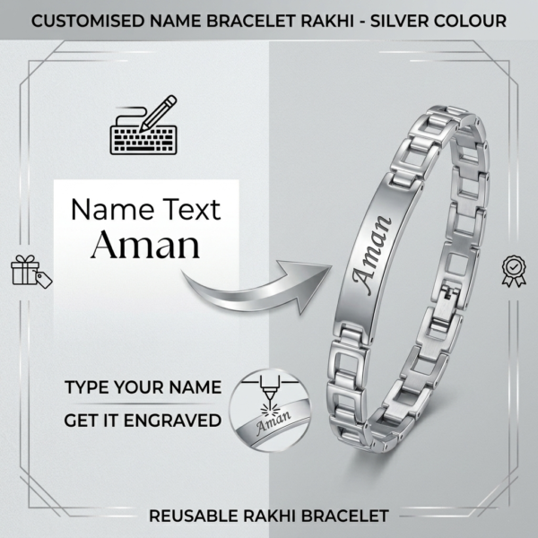 Personalized Silver Bracelet Rakhi with Name | Custom Stylish Rakhi for Brother