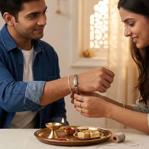 Personalized Silver Bracelet Rakhi with Name | Custom Stylish Rakhi for Brother