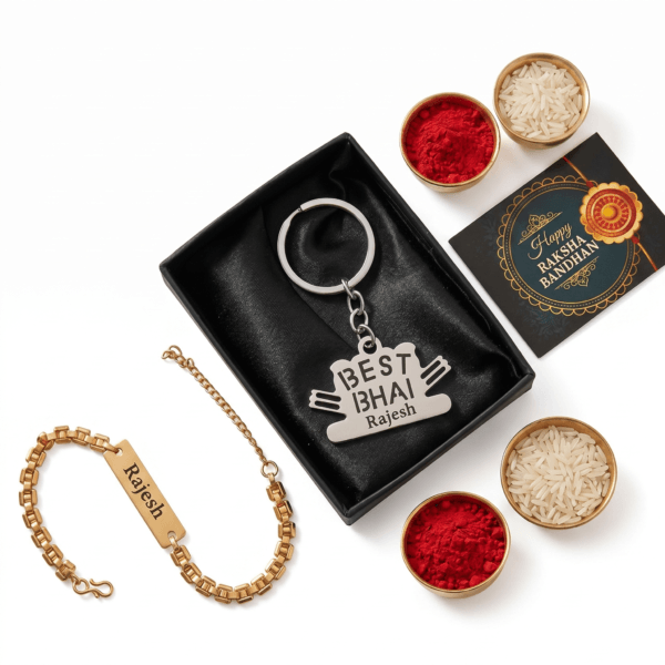 Engraved Bracelet And Keychain Combo For Raksha Bandhan Engraved Bracelet And Keychain Combo For Raksha Bandhan