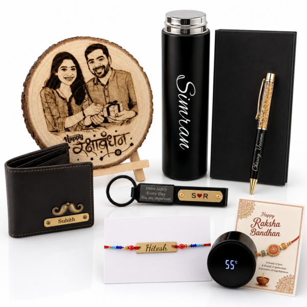 Custom Name Rakhi Hamper With Wallet And Bottle