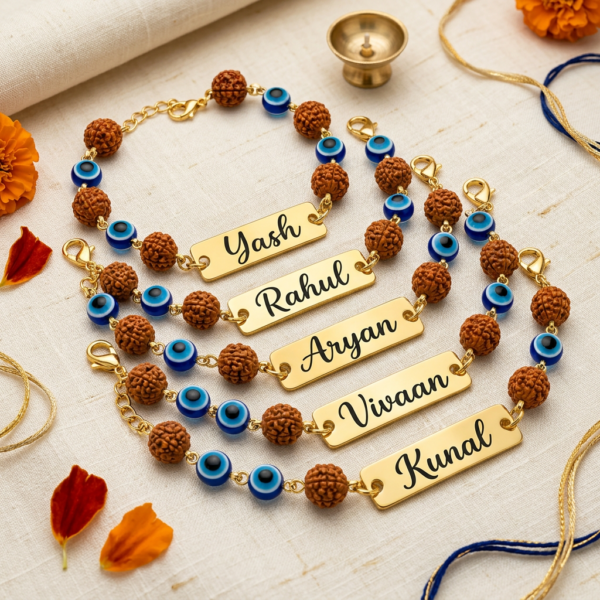 Custom Rudraksha Rakhi With Engraved Name Plate Custom Rudraksha Rakhi With Engraved Name Plate