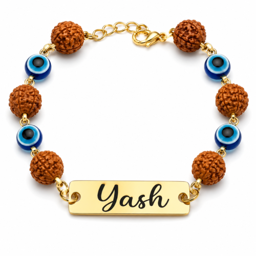 Customized Evil Eye Rudraksha Bracelet Rakhi With Name Customized Evil Eye Rudraksha Bracelet Rakhi With Name