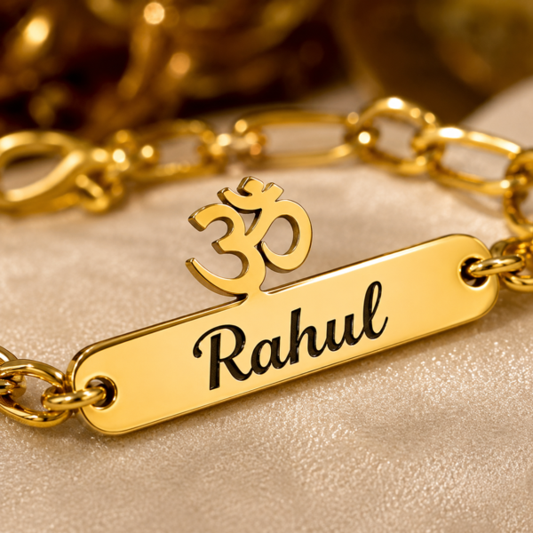 Golden Chain Style Rakhi With Custom Name Plate