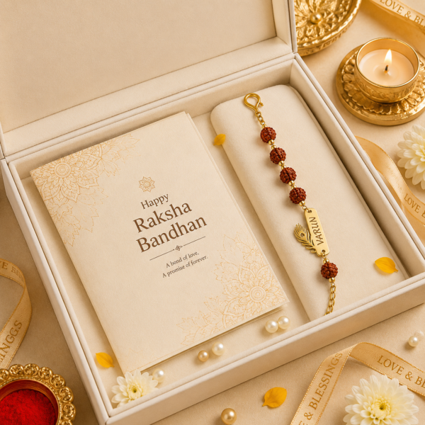 Personalized Brother Rakhi With Rudraksh Beads Personalized Brother Rakhi With Rudraksh Beads