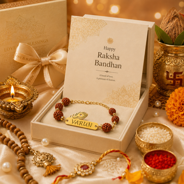 Premium Rakhi With Mor Pankh Charm And Name Premium Rakhi With Mor Pankh Charm And Name